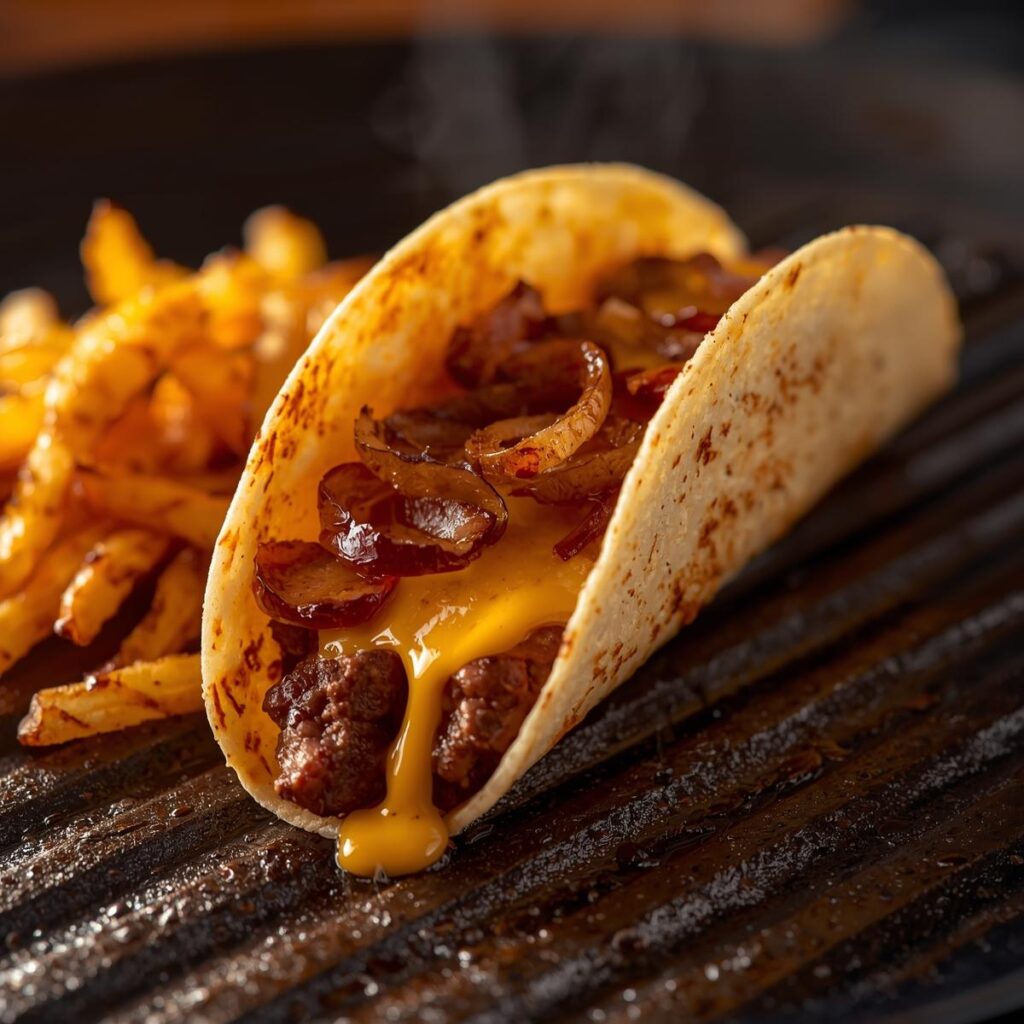 IMAGEM DE SMASH TACO NA CHAPA SENDO FEITO BEM CHAPADO COM CARNE DE HAMBURGER E QUEIJO CHEDER E MUSSARELA DERETDO ESCORRENDO COM CELOCA ROCHA CARAMELIZADA. COM BATATA PALHA,