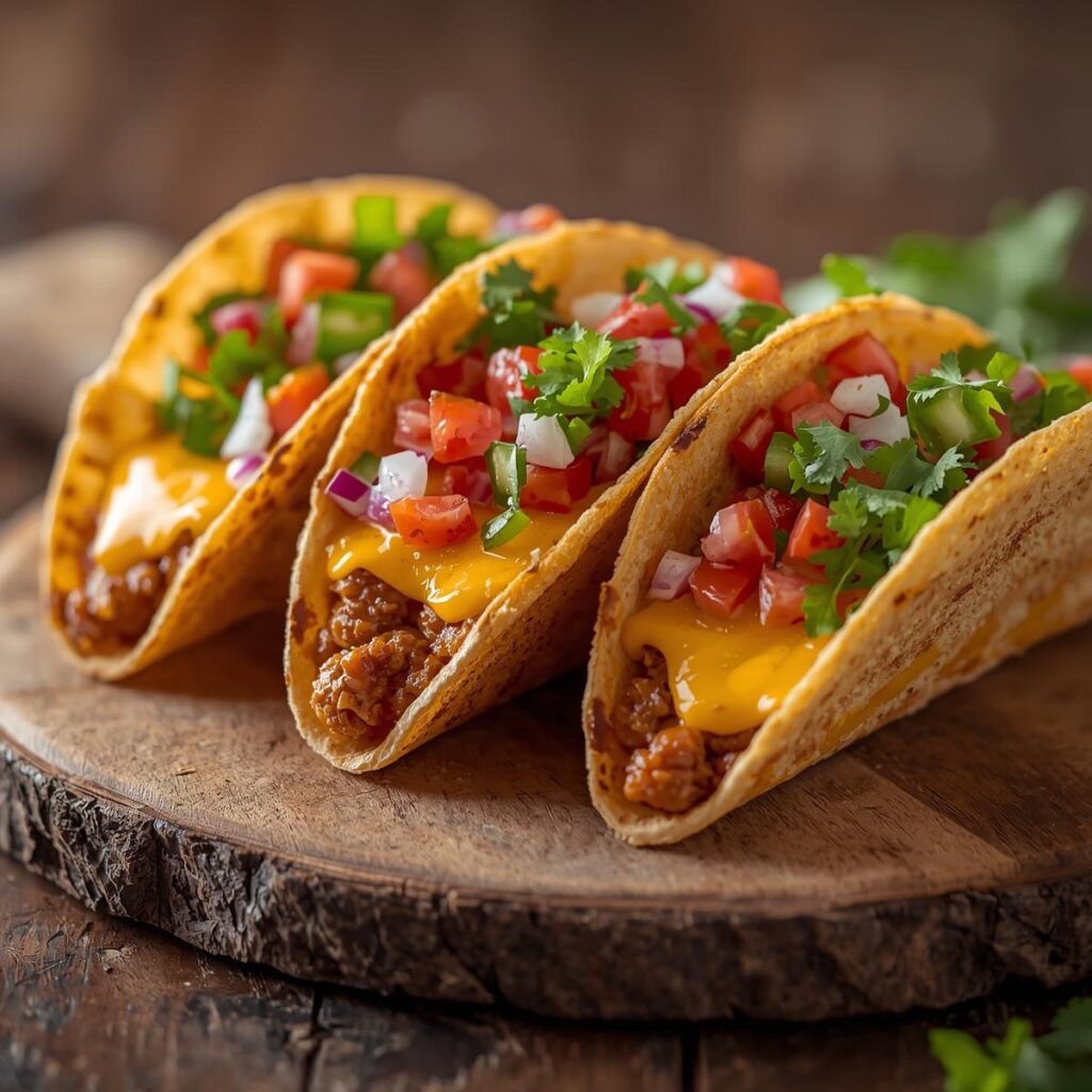 POR FAVOR MAIS UMA IMAGEM LINDA MOSTRANDO TRES SMASH TACO, COM QUEIJO SCHEDER E SALADAS. (1)