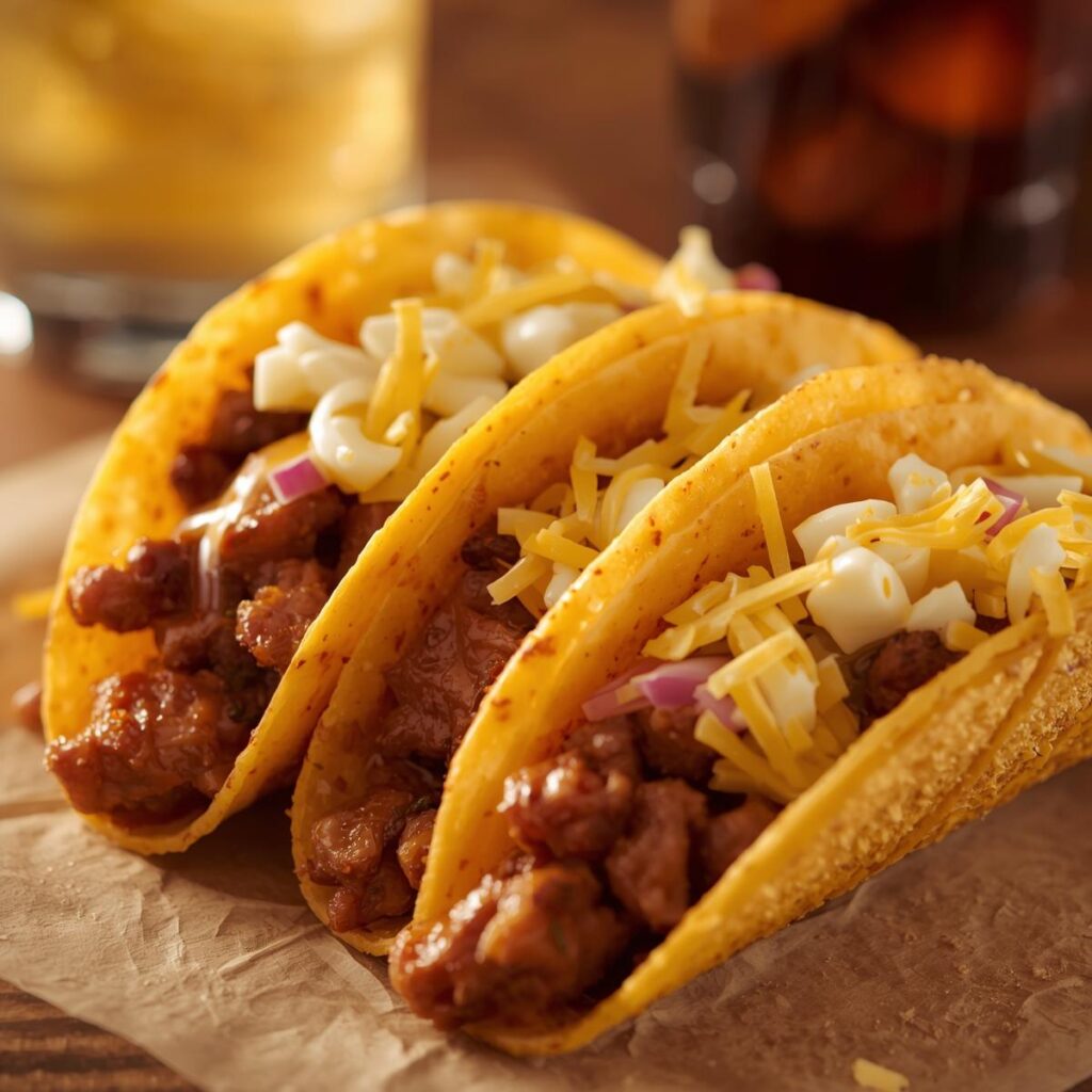 PRECISO DE MAIS IMAGEM DE SMASH TACO DE CARNE DE HAMBURGER COM QUEIJO MUSSARELA E SCHEDER DERETIDO ACOMPANHADO EM UM REFRIGERANTE; (1)